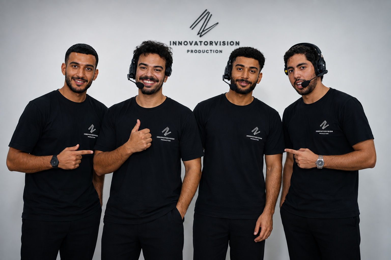 InnovatorVision Production crew in branded shirts with headsets on set in Marrakech